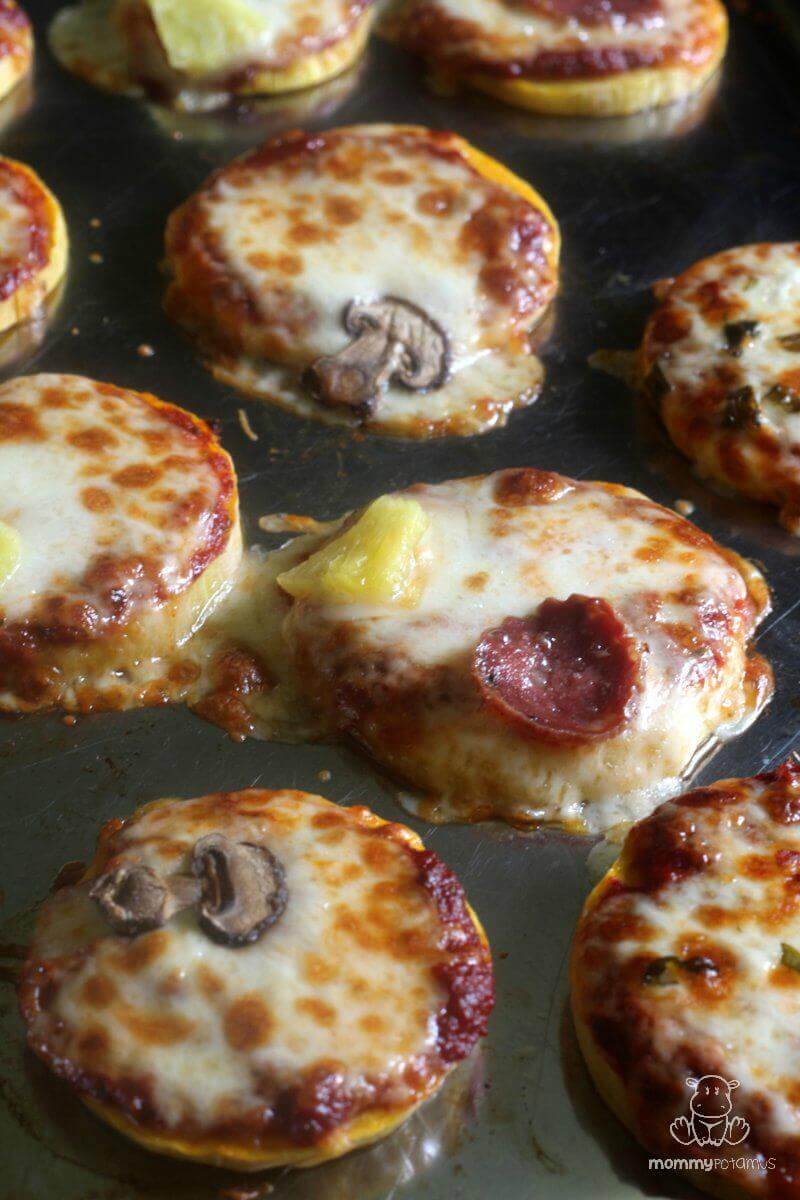 Mini-pizzas made with butternut squash rounds as a crust. So easy and kids love them!