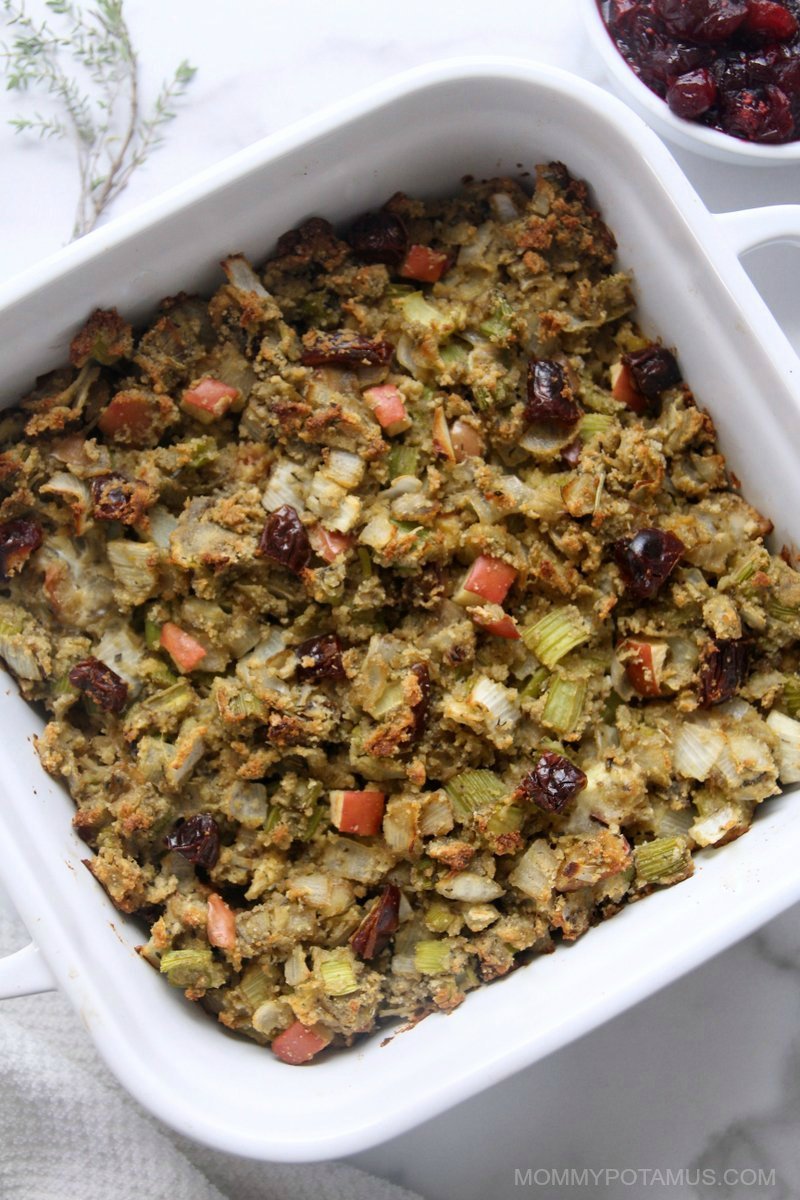 Close up of gluten-free stuffing on Thanksgiving table