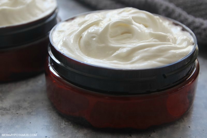 Whipped body butter in amber glass jar.