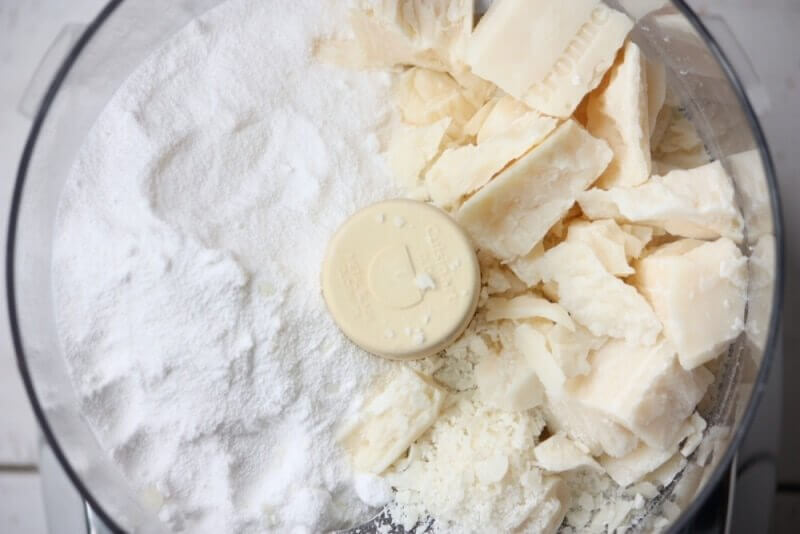 baking soda and bar soap in a food processor