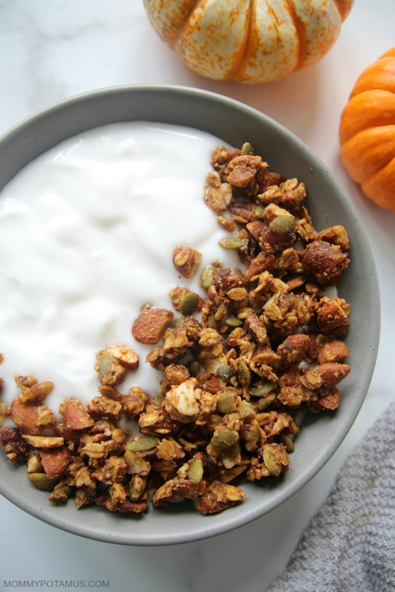 Overhead view of pumpkin spice granola and yogurt in bowl