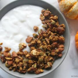 Pumpkin spice granola in bowl with yogurt