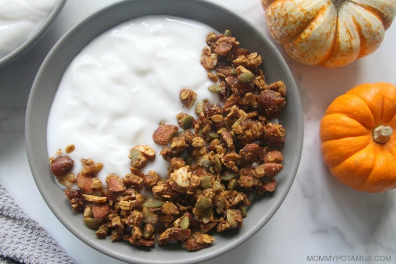 Pumpkin spice granola in bowl with yogurt