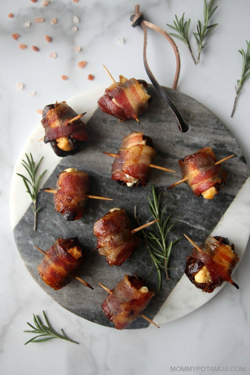 Overhead view of bacon wrapped dates with goat cheese