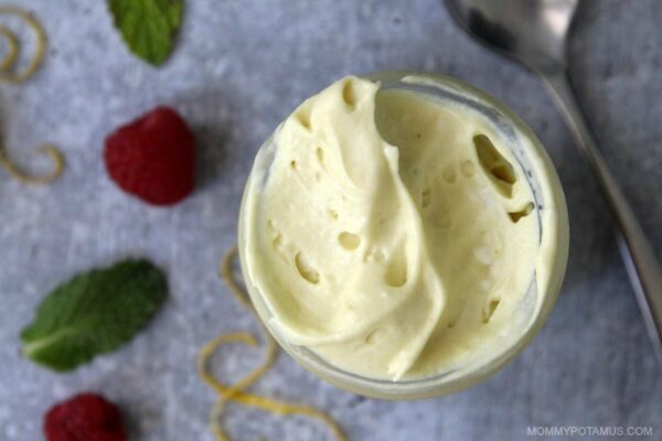 Overhead shot of lemon mousse in jar