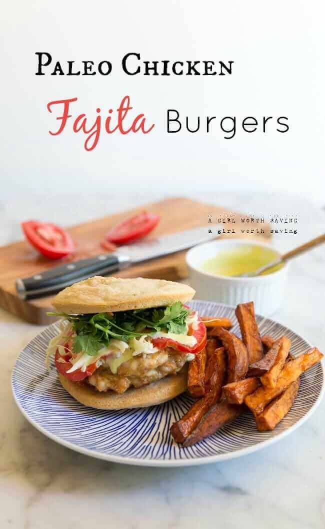 Paleo Chicken Fajita Burgers - Spiced chicken, onions and bell peppers with your choice of toppings on a grain-free bun - yum! 