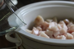 pouring water into crockpot full of lard cubes