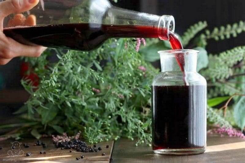 Pouring homemade elderberry syrup recipe into a jar