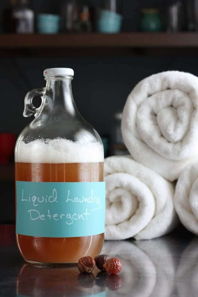 Easy homemade liquid laundry detergent made from soap nuts. Great for regular laundry AND cloth diapers. #homemadelaundrydetergent