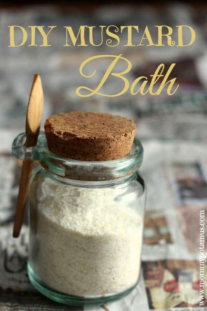 Glass jar of homemade mustard bath powder