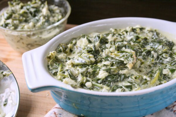 creamed spinach in a casserole dish