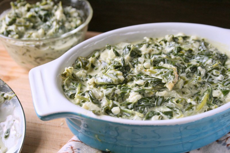 creamed spinach in a casserole dish