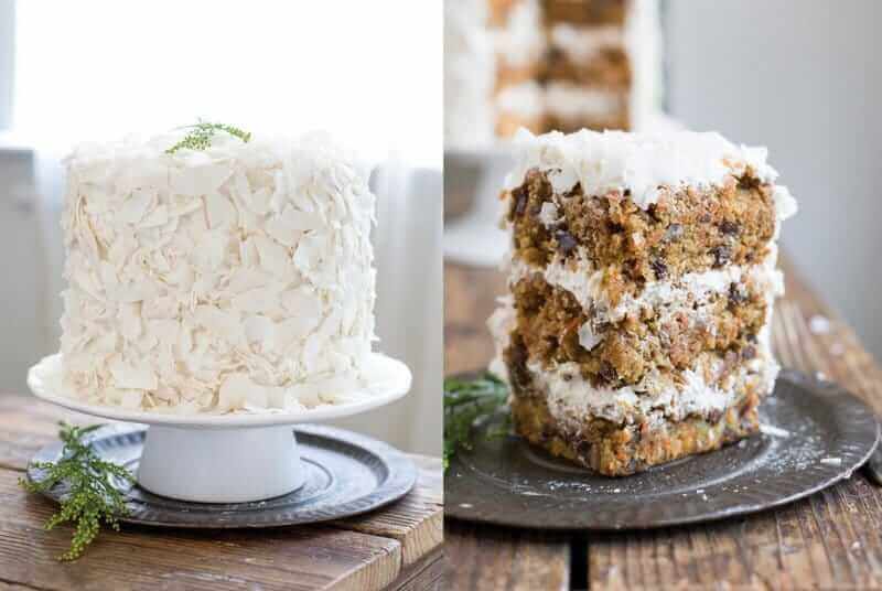 Side-by-side photos of a whole gluten-free carrot cake and a slice of carrot cake