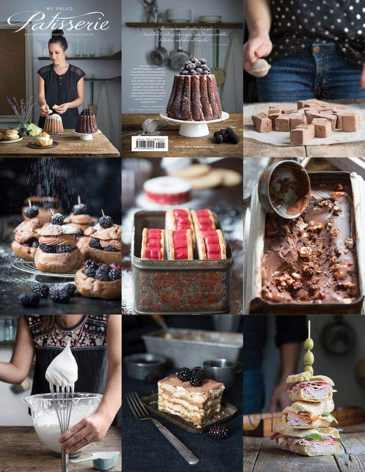 Collage of photos from My Paleo Patisserie cookbook - cake, marshmallows, ice cream and more