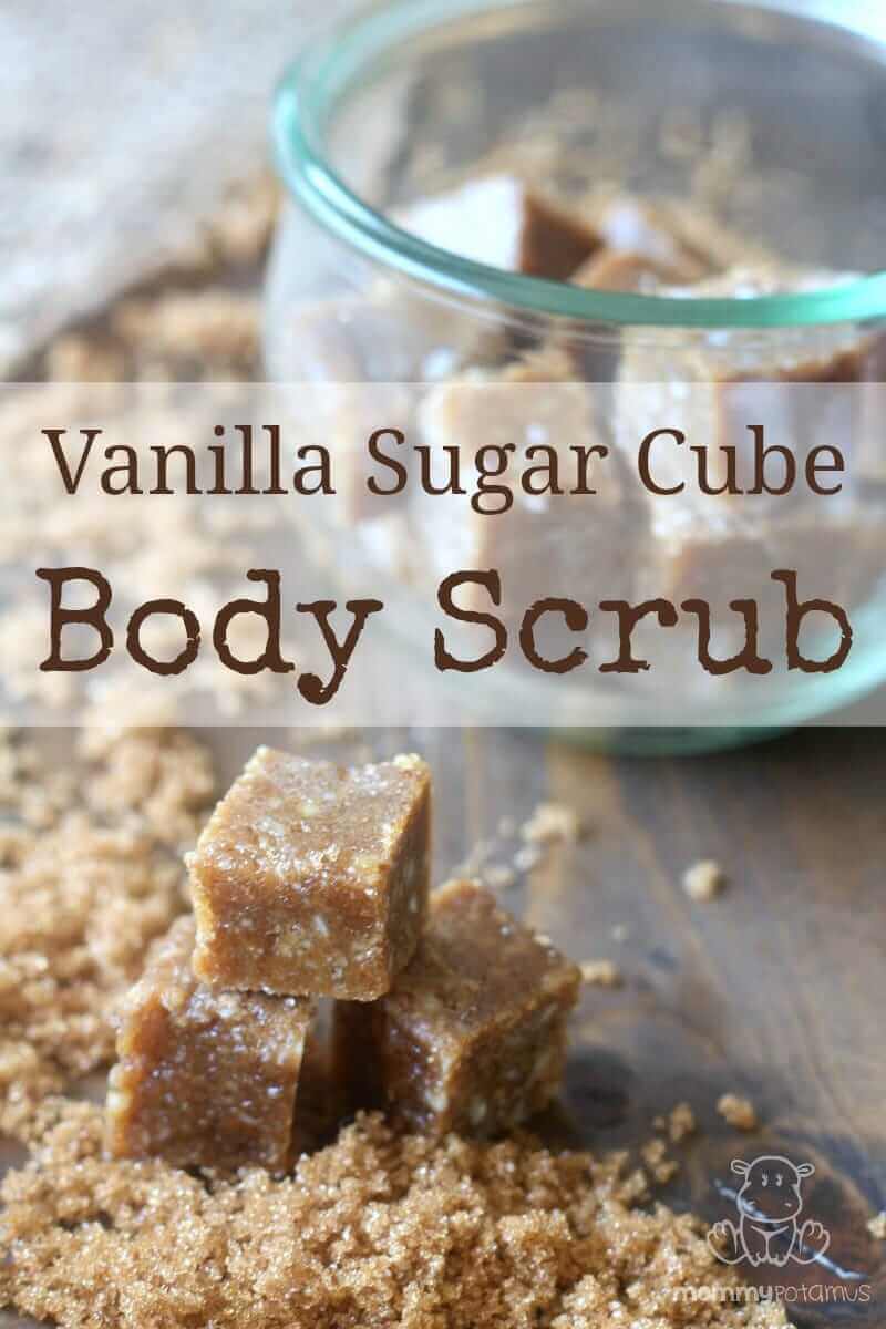 Sugar contains naturally occurring glycolic acid, which dissolves old, dead skin and makes exfoliating easier. These 3-in-1 sugar scrub cubes are super easy to make, and fun to give and receive. #sugarscrubrecipe