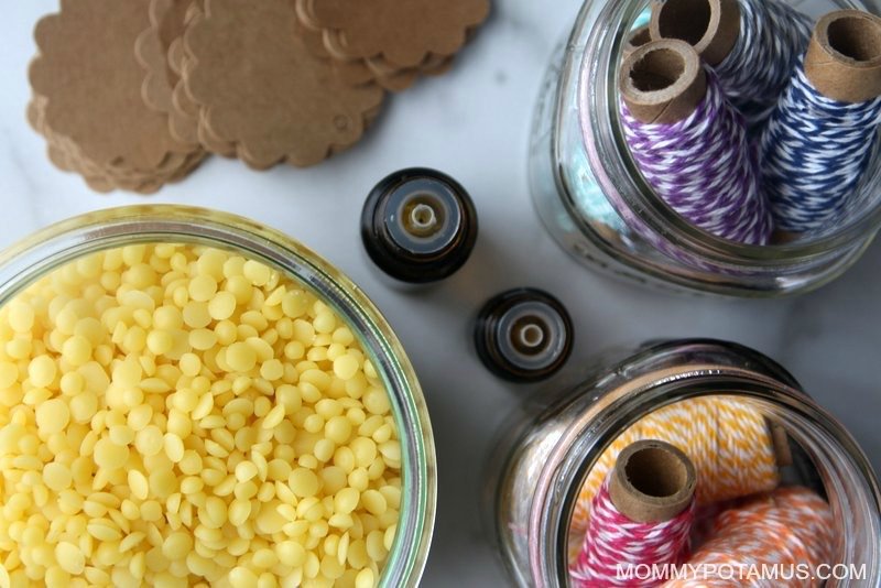 Overhead view of beeswax candle supplies