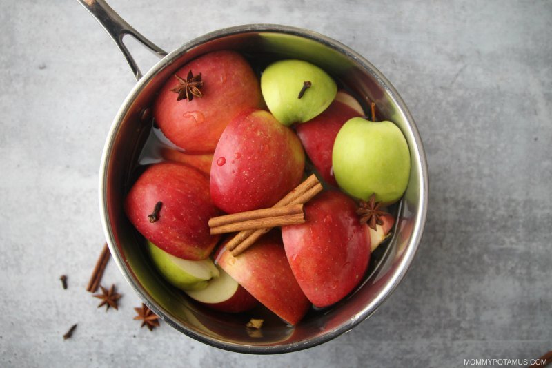 Ingredients for hot apple cider ready to simmer in a pot