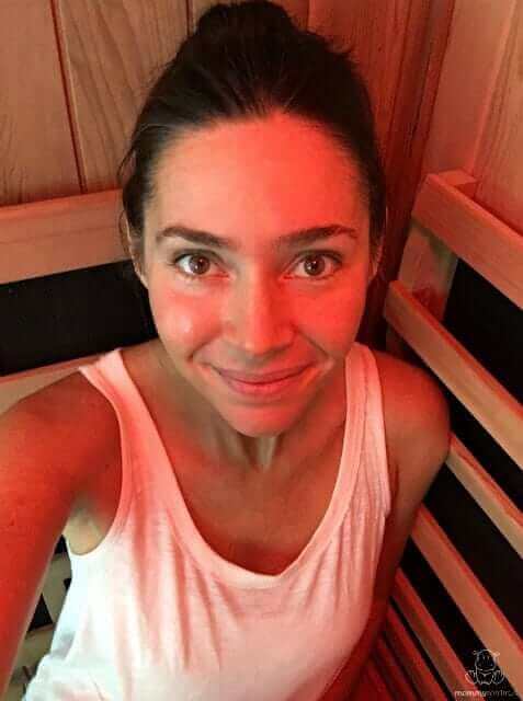 Overhead view of Heather sitting in infrared sauna