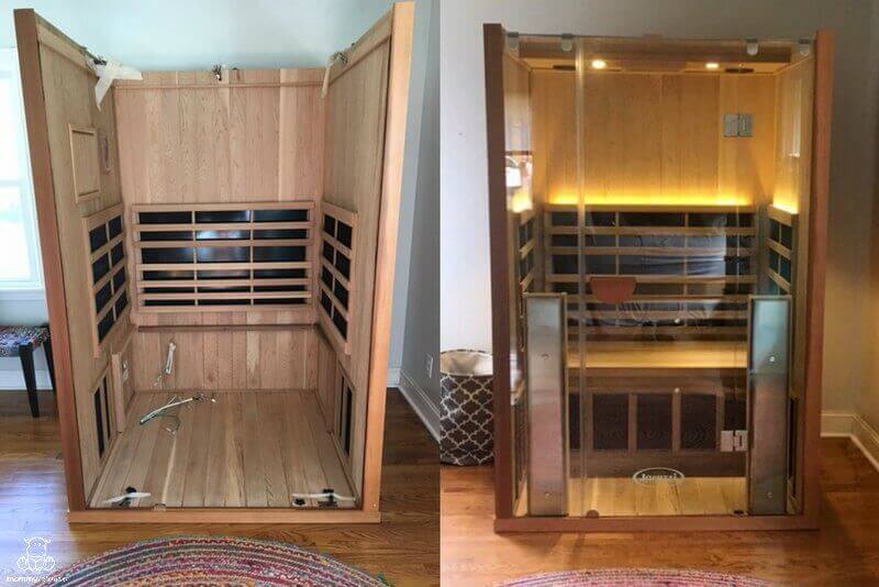 Sauna during and after DIY construction. 