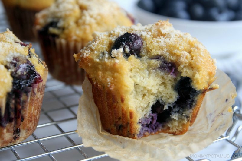 Gluten-free blueberry muffin that has been partially eaten, revealing soft inside dotted with juicy blueberries