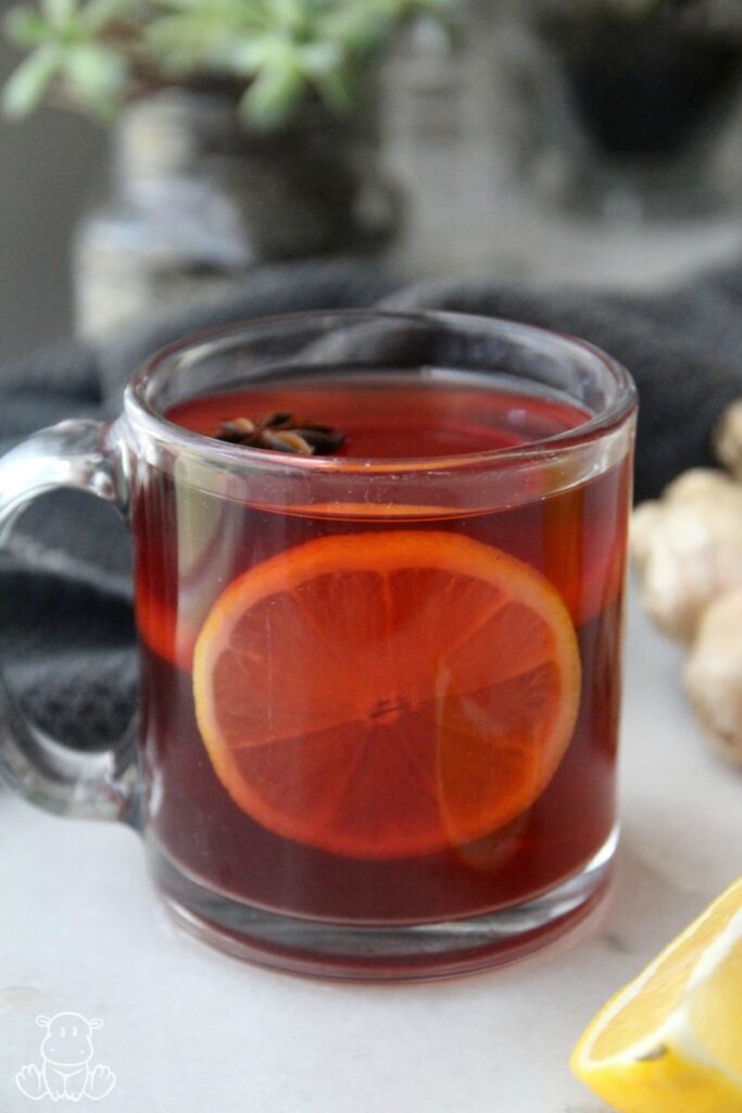 Close up of lemon ginger tea recipe in mug