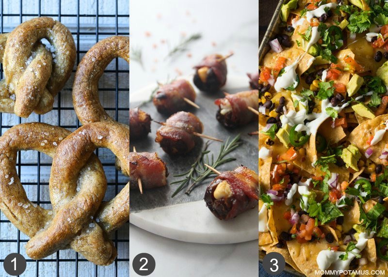 Pretzels, Bacon-Wrapped Dates, Nachos