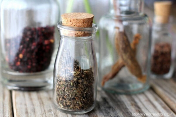 Dried holy basil leaf in apothecary jar