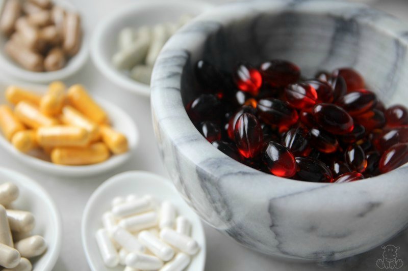 Natural supplements in ceramic bowls