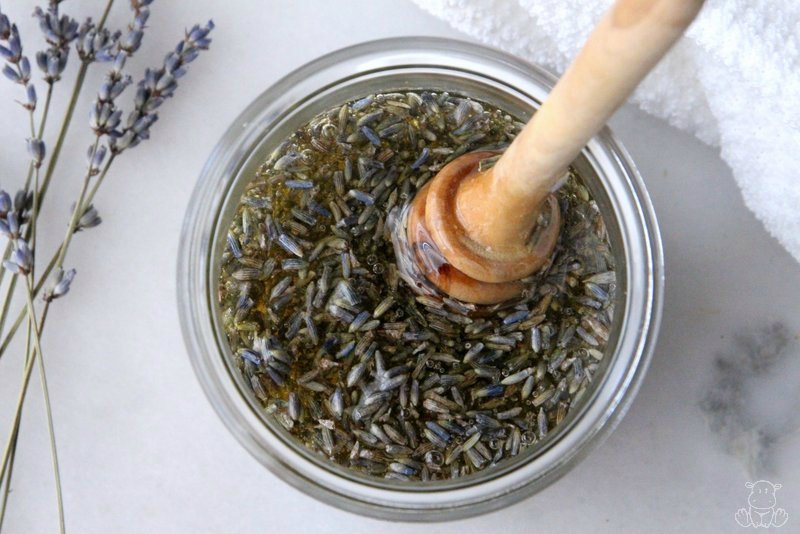 Jar of honey infused with lavender buds