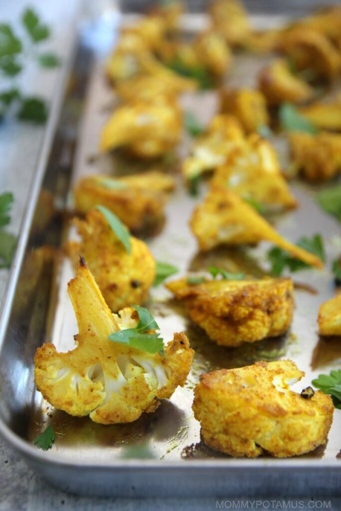 Oven roasted cauliflower recipe on baking sheet