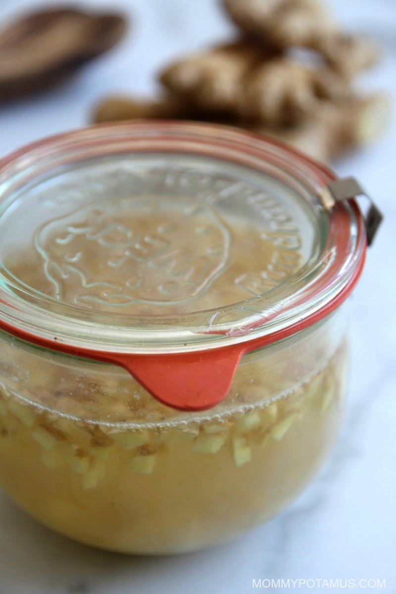 Overhead view of ginger bug in jar next to fresh ginger