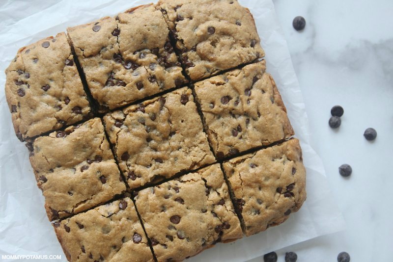 Chocolate chip blondies on kitchen counter