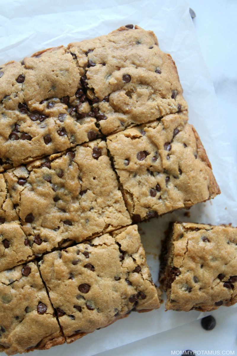 Overhead view of gluten-free chocolate chip blondies