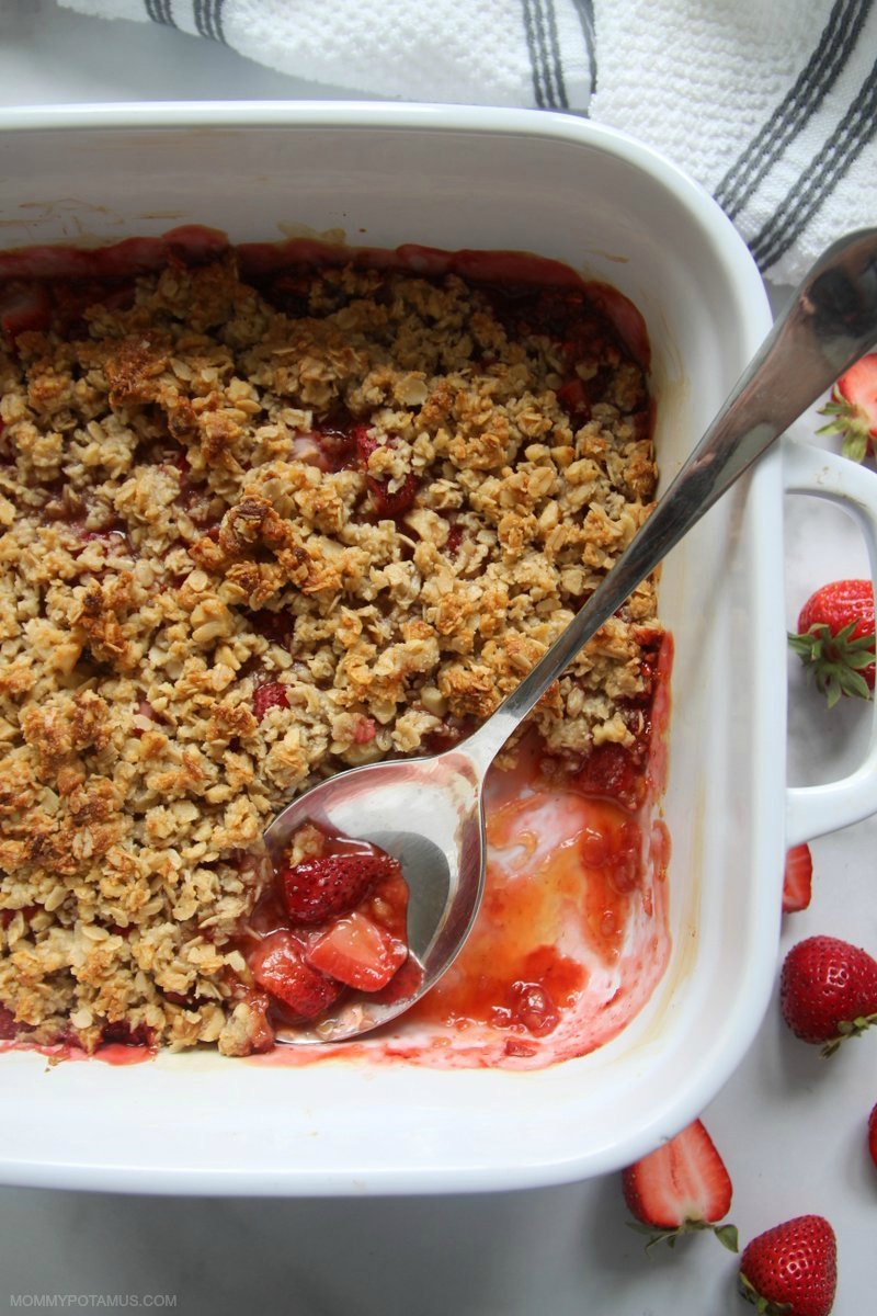 Top down view of gluten-free strawberry crisp