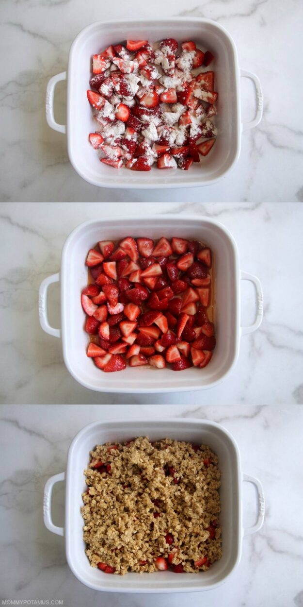 Step-by-step depiction of making strawberry crisp