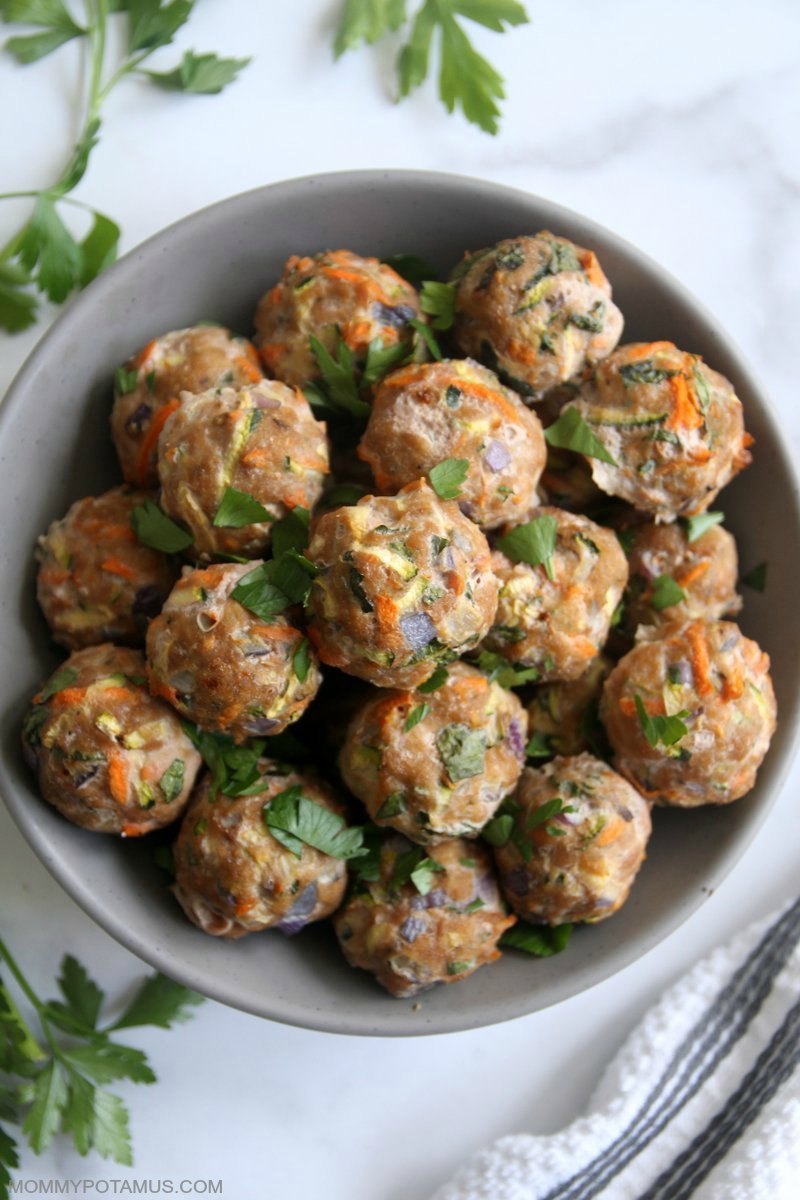 Overhead view of oven-baked meatballs