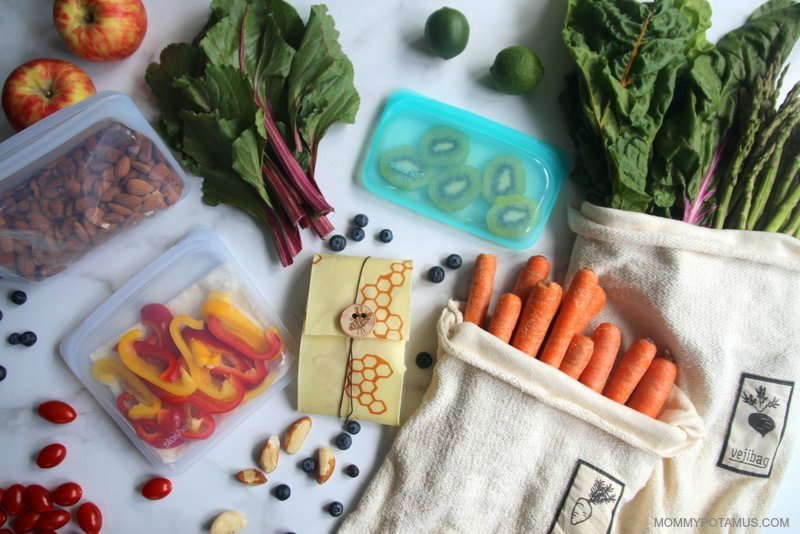 Different types of reusable storage bags on counter