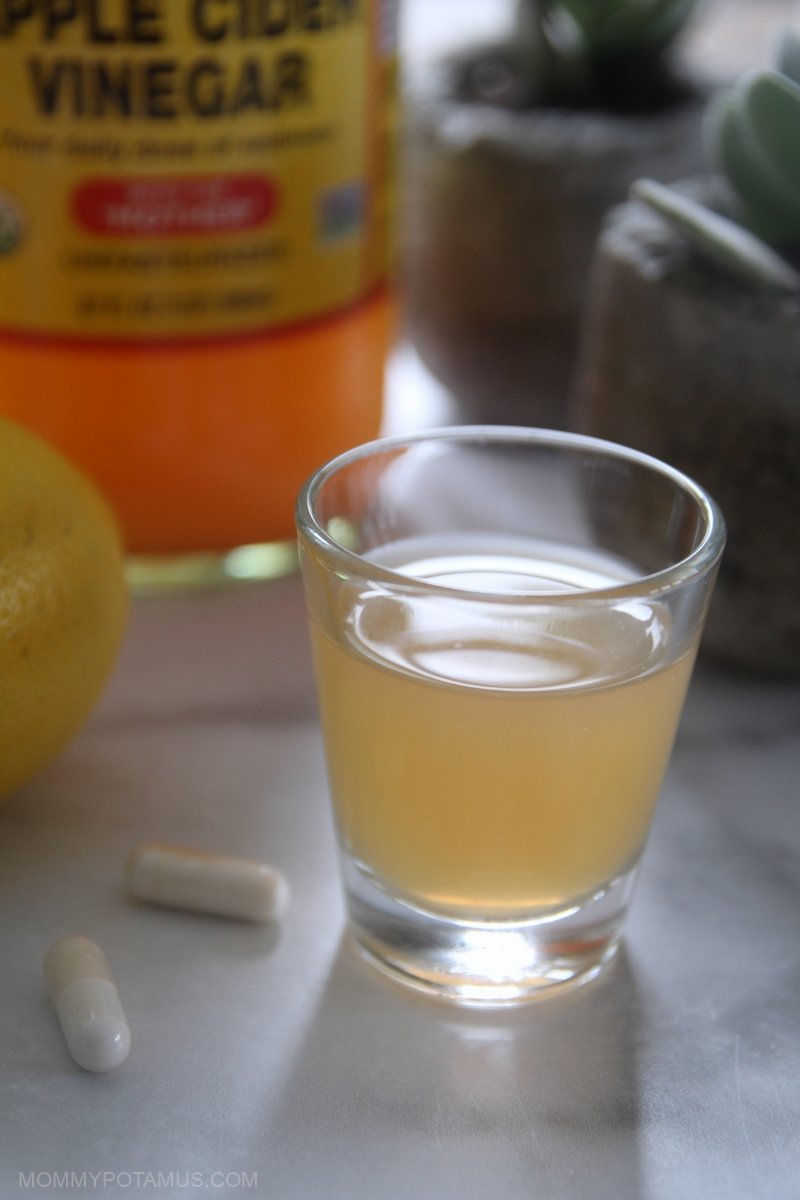Digestive bitters, apple cider vinegar, and other home remedies for heartburn on counter