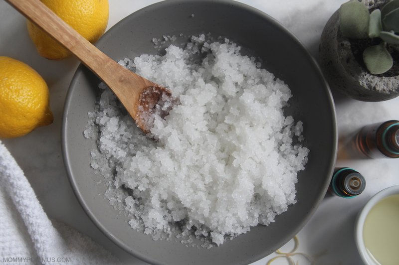 Homemade lemon body scrub in bowl