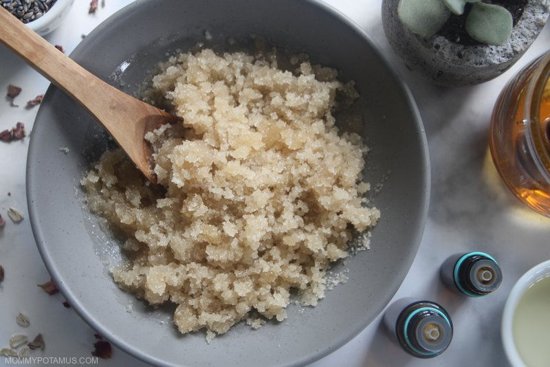 Homemade lavender body scrub in bowl