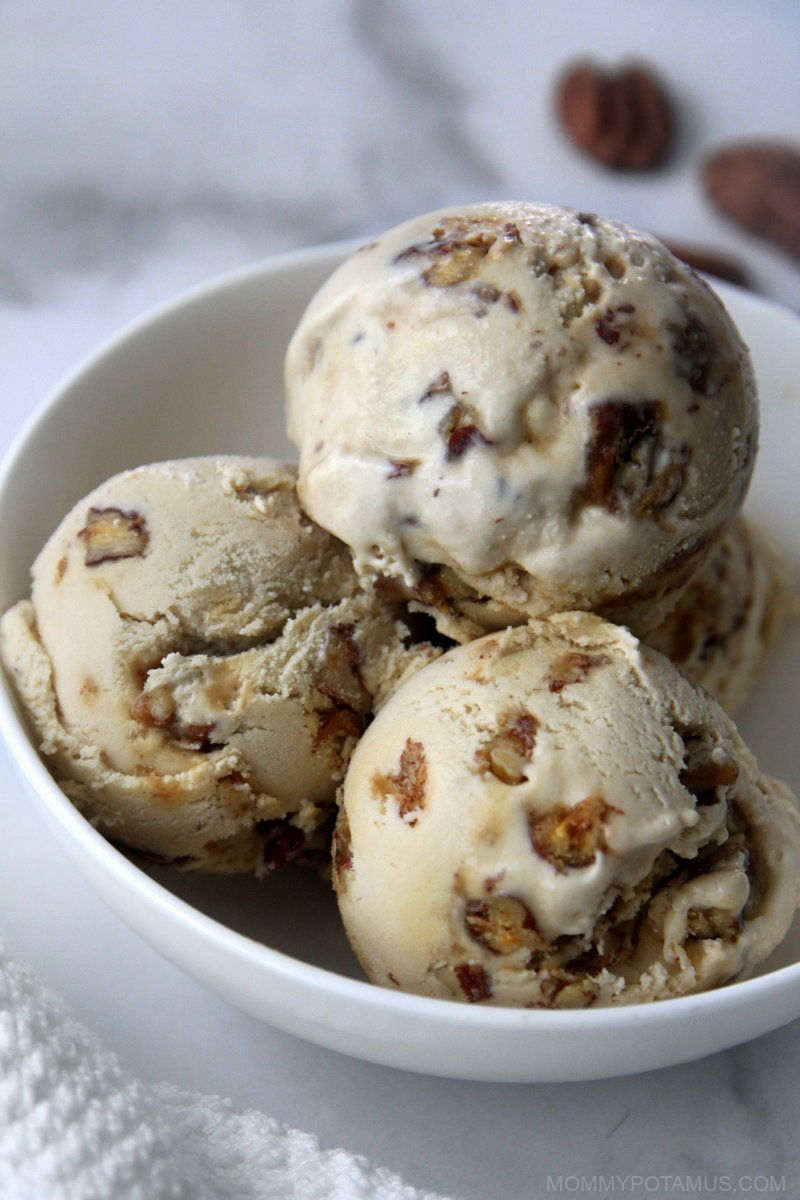 Close up of homemade butter pecan ice cream in a bowl