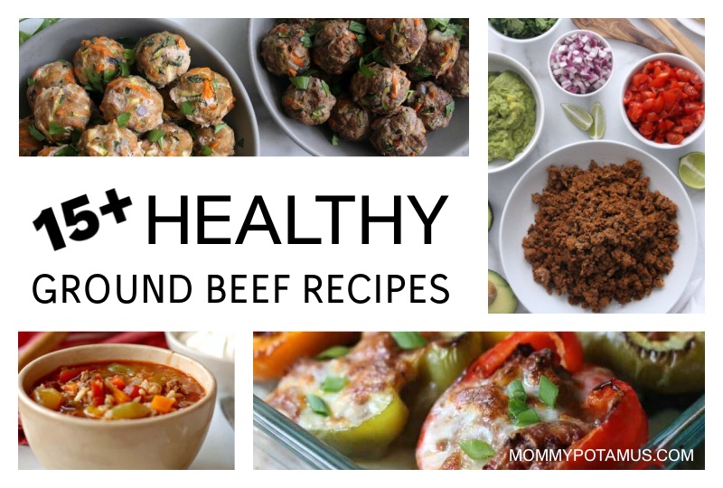 Collage of healthy ground beef recipes - meatballs, taco meat, sloppy Joe stuffed peppers, soup