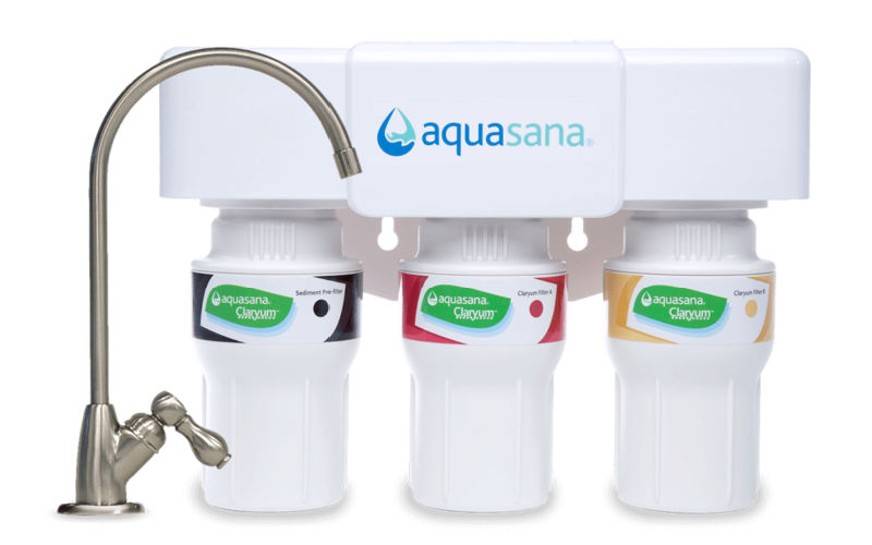 Aquasana 3-stage under counter water filter on isolated background. 