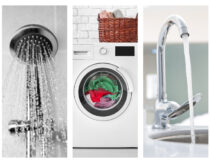 Three images side-by-side: A shower head, a front-loading washing machine, and a kitchen faucet