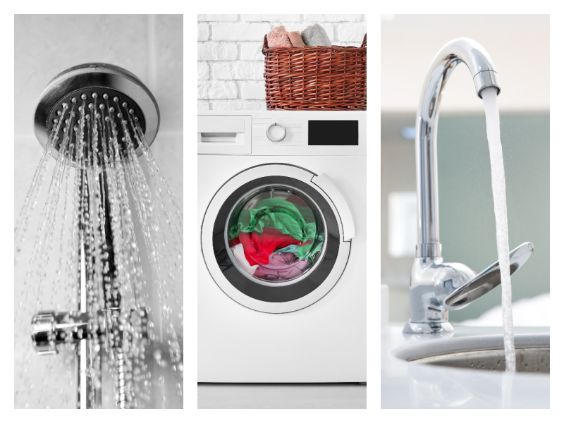 Three images side-by-side: A shower head, a front-loading washing machine, and a kitchen faucet