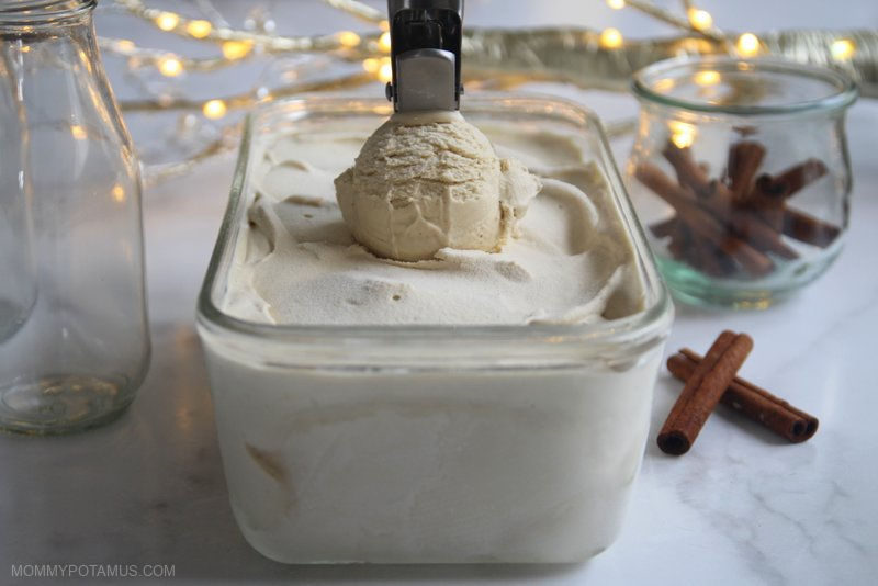 Dairy-free eggnog ice cream on countertop