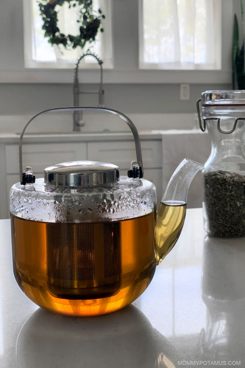 Glass teapot full of catnip tea on kitchen counter with jar of dried catnip in background