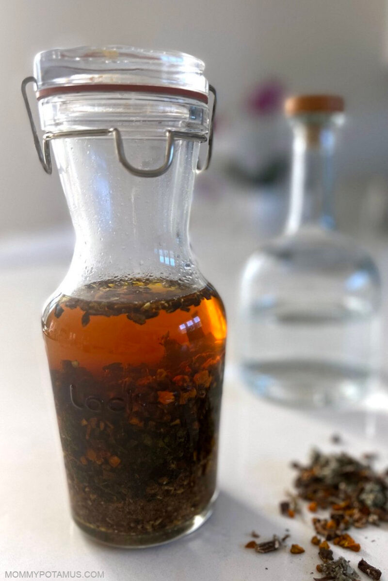 Close-up of liver tincture recipe on kitchen counter. 