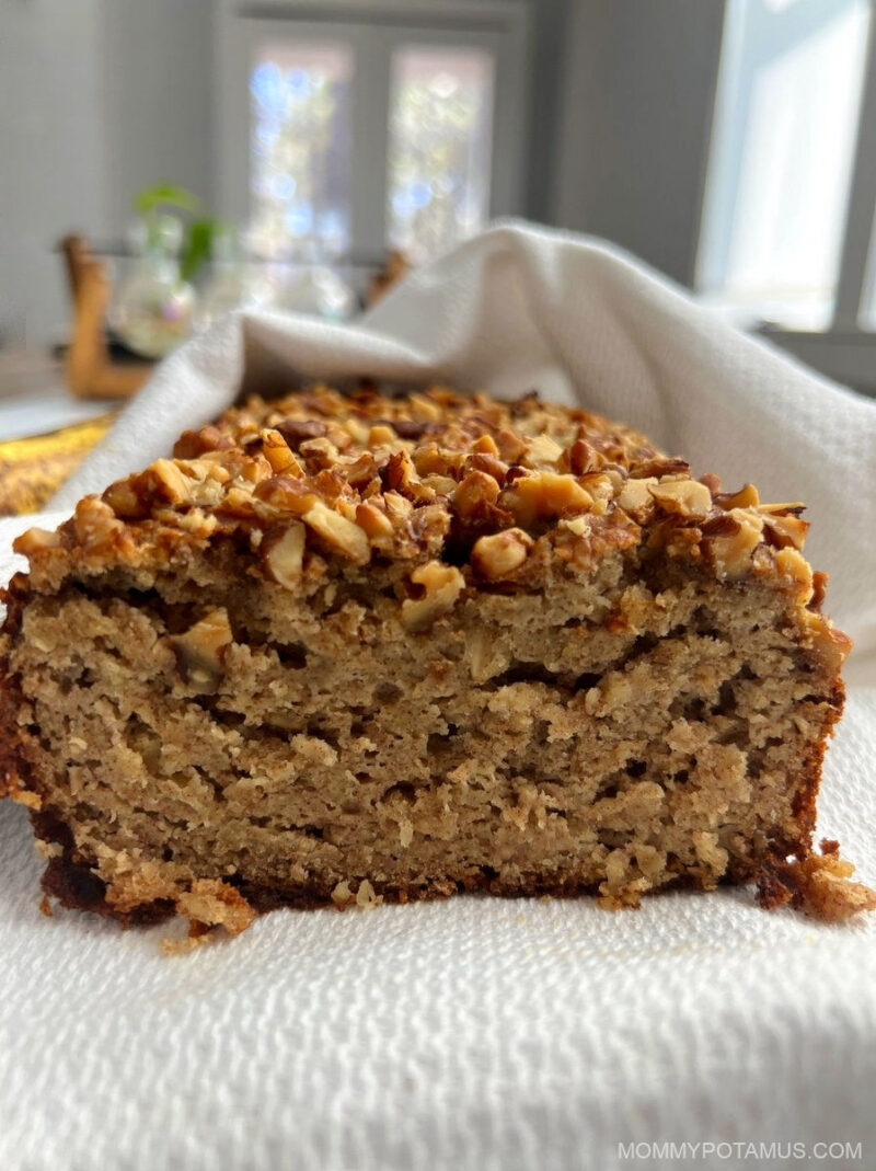 Portrait view of gluten-free banana bread on counter