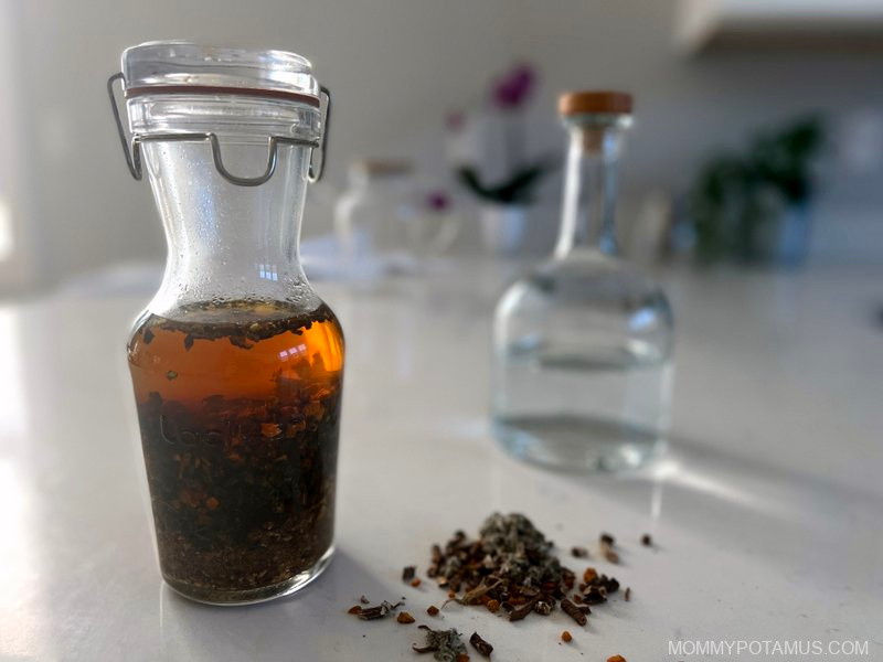 Homemade liver tincture on kitchen counter. 